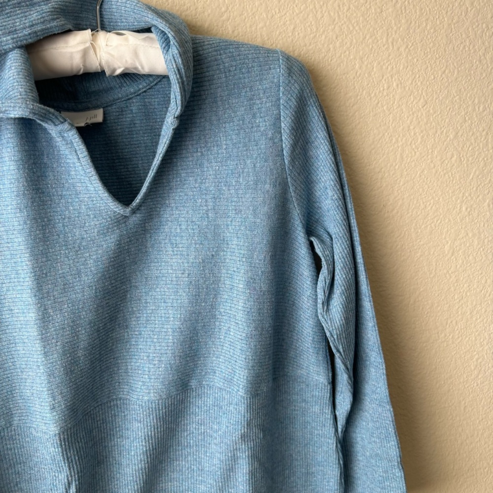 J.Jill Hooded Split-Neck Sweater Tunic Blue Heather Side-Slit Size Petite Medium - Picture 5 of 16